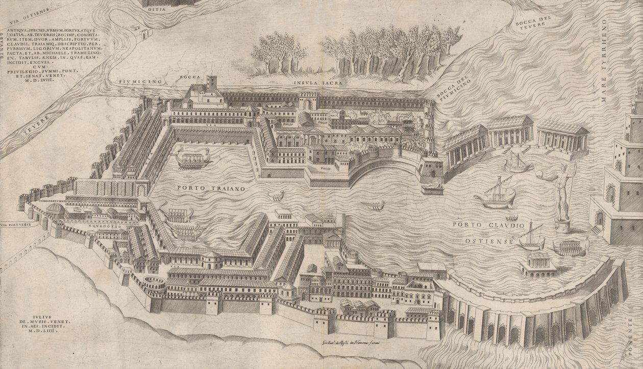 Lustro rzymskiej świetności: widok z lotu ptaka na port w Rzymie, 1554., 1554. autorstwa Giulio de Musi