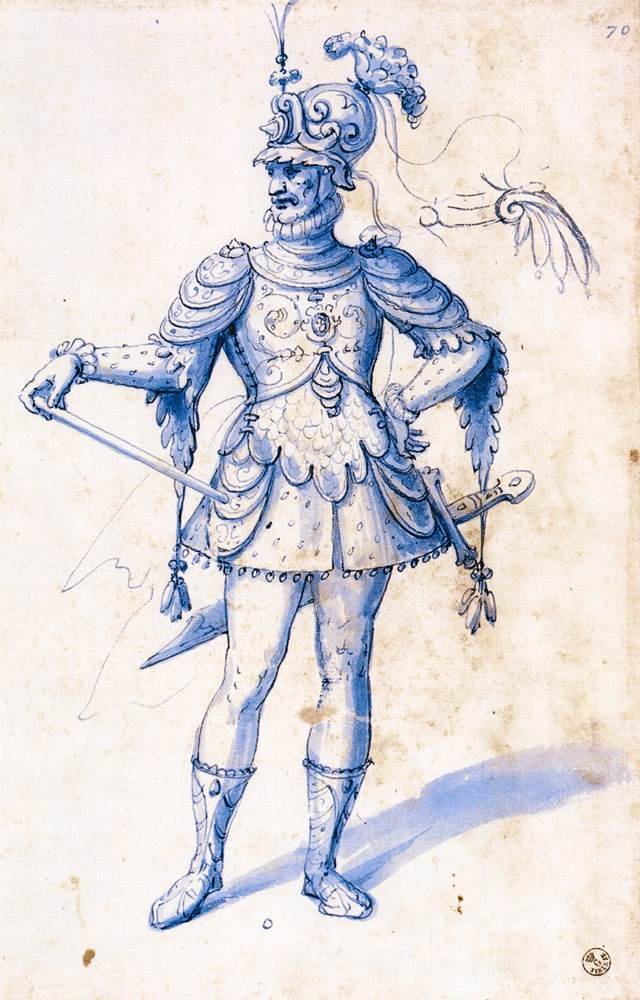 Rysunek kostiumu dla rycerza autorstwa Giuseppe Arcimboldo