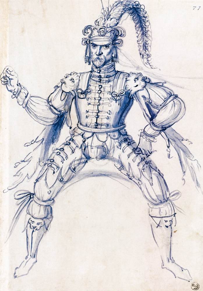 Rysunek kostiumu dla rycerza na koniu autorstwa Giuseppe Arcimboldo
