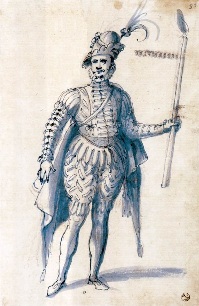 Rysunek kostiumu dla postaci męskiej z pochodnią autorstwa Giuseppe Arcimboldo