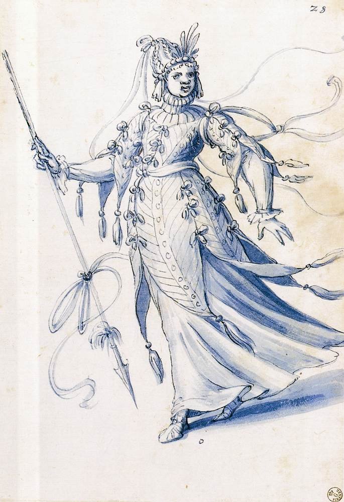 Rysunek kostiumowy kobiety niosącej lancę autorstwa Giuseppe Arcimboldo