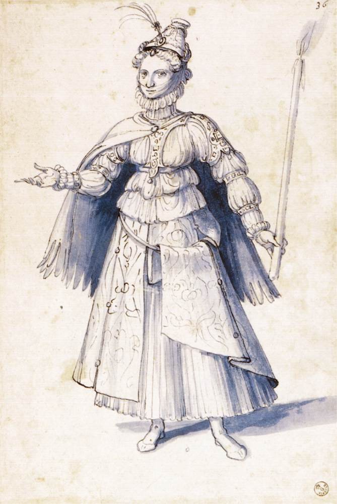 Rysunek kostiumowy kobiety niosącej pochodnię autorstwa Giuseppe Arcimboldo