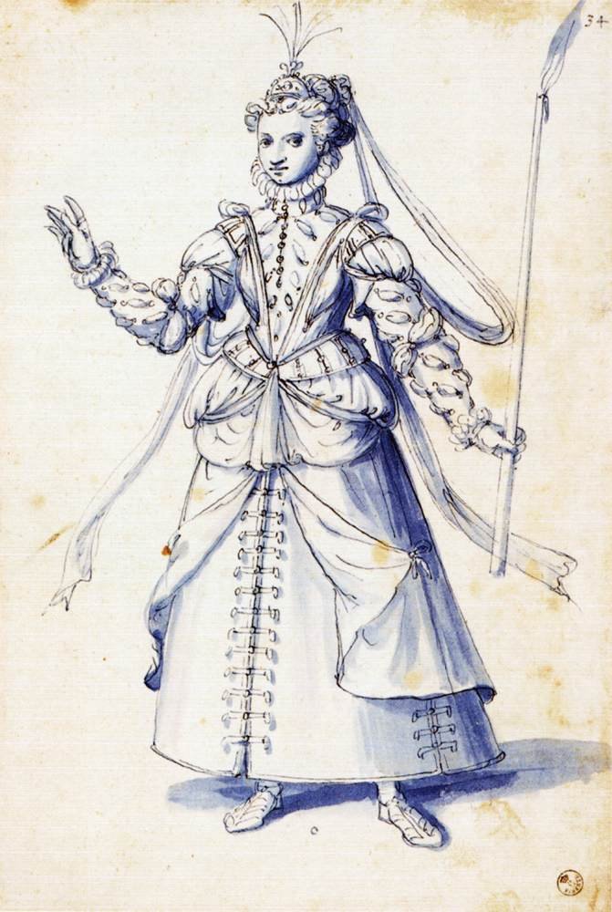Rysunek kostiumu kobiety z pochodnią autorstwa Giuseppe Arcimboldo