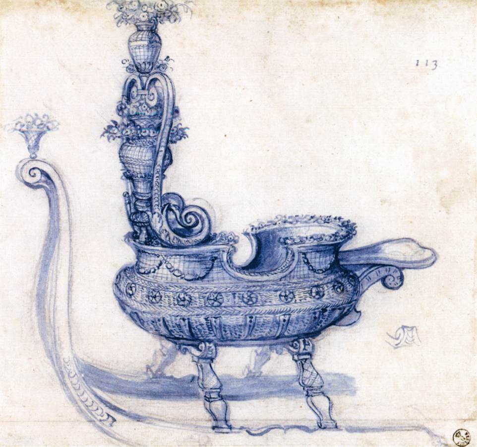 Szkic do sań w kształcie kosza kwiatów autorstwa Giuseppe Arcimboldo