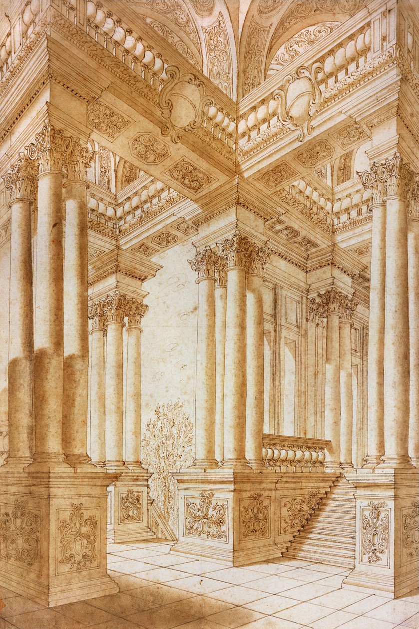 Studium architektoniczne (pióro i brązowy tusz z brązowym praniem na papierze) autorstwa Giuseppe Bibiena