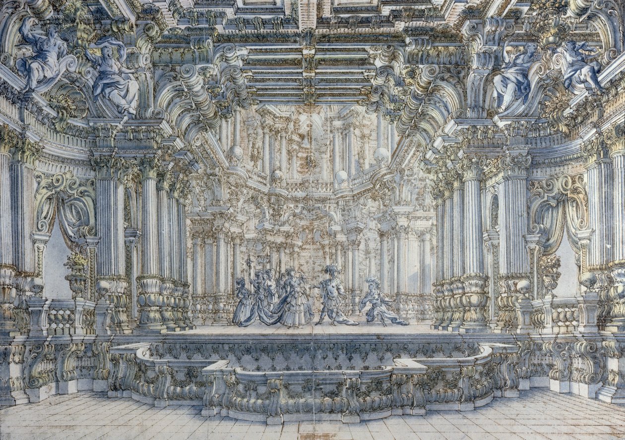 Scenografia teatralna (pióro i wc na papierze) autorstwa Giuseppe Bibiena