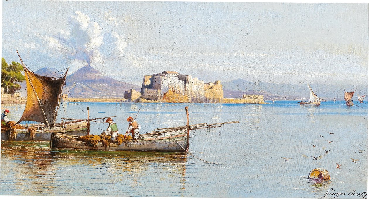 Rybacy w Zatoce Neapolitańskiej, w tle Wezuwiusz autorstwa Giuseppe Carelli