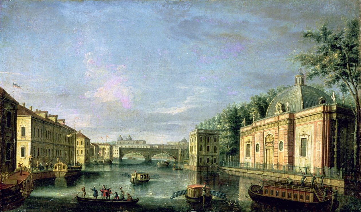 Widok na rzekę Fontankę w Petersburgu, lata 1750 autorstwa Giuseppe Valeriani