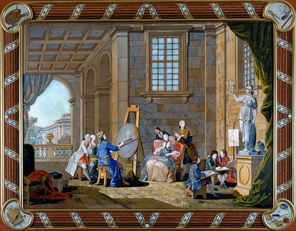 Panel w intarsji Pietre Dure przedstawiający Malarstwo autorstwa Giuseppe Zocchi