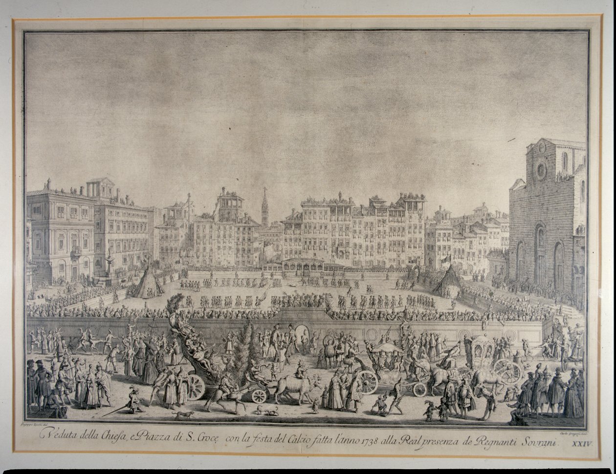 Festiwal piłki nożnej na Piazza Santa Croce, rycina Carlo Gregori (1719-59) 1738 autorstwa Giuseppe Zocchi