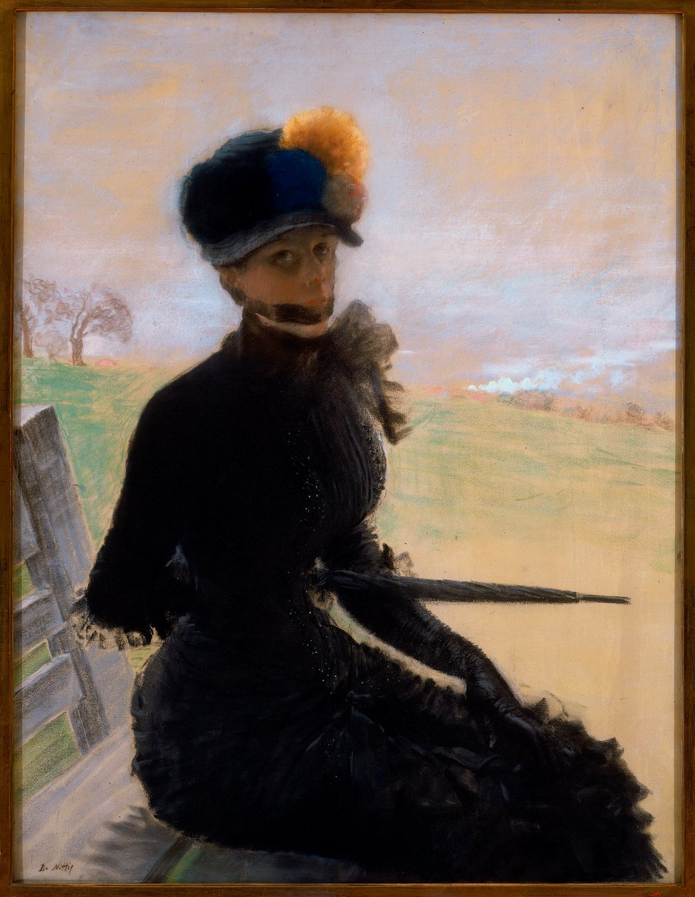 Obraz portretowy przedstawiający kobietę siedzącą na ławce autorstwa Giuseppe de Nittis