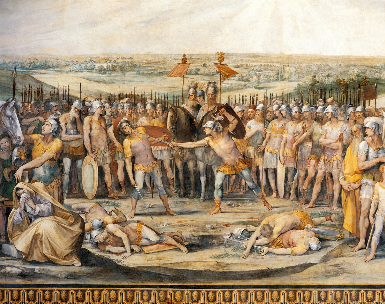 Walka między Horatii i Curiatii, Giuseppe Cesari (1568-1640), fresk, Hall of Horatii and Curiatii, Conservatories Palace, Rzym, Królestwo Rzymskie, Włochy autorstwa Giuseppe Cesari