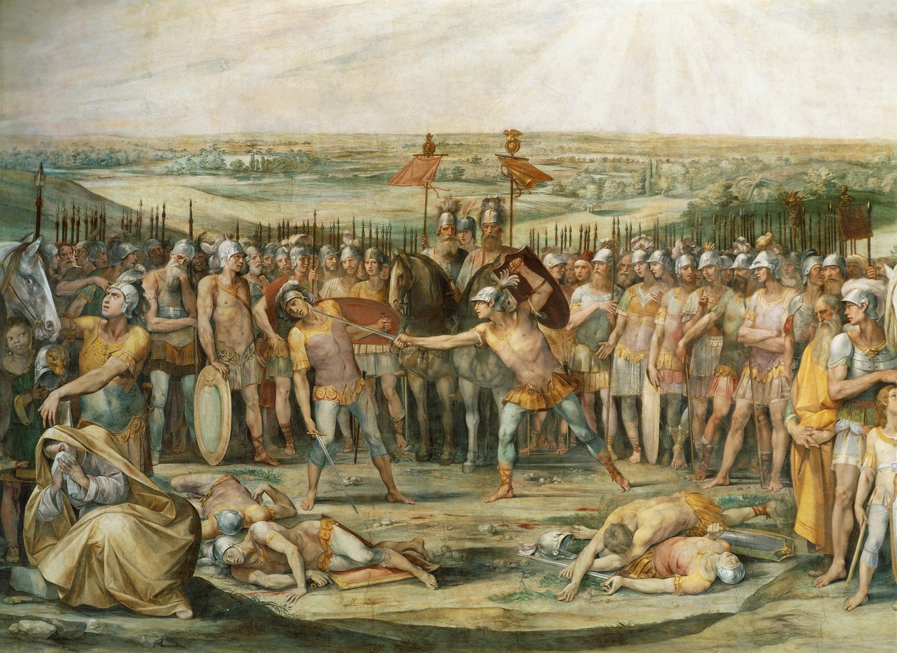 Walka między Horatii i Kuriacjami, Giuseppe Cesari (1568-1640), fresk, Sala Horatii i Kuriaty, Konserwatoria Pałacu, Rzym. Cesarstwo Rzymskie, Włochy, VII wiek pne. autorstwa Giuseppe Cesari