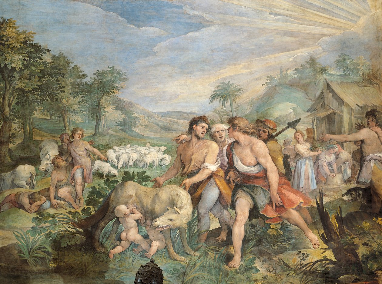 Romulus i Remus, karmione przez wilka, odnalezione przez Faustulus na brzegach Tybru, przez Giuseppe Cesari (1568-1640), fresk, Sala Horatii i Kuriaty, Pałac Konserwatorium, Rzym, Królestwo Rzymskie, Włochy autorstwa Giuseppe Cesari