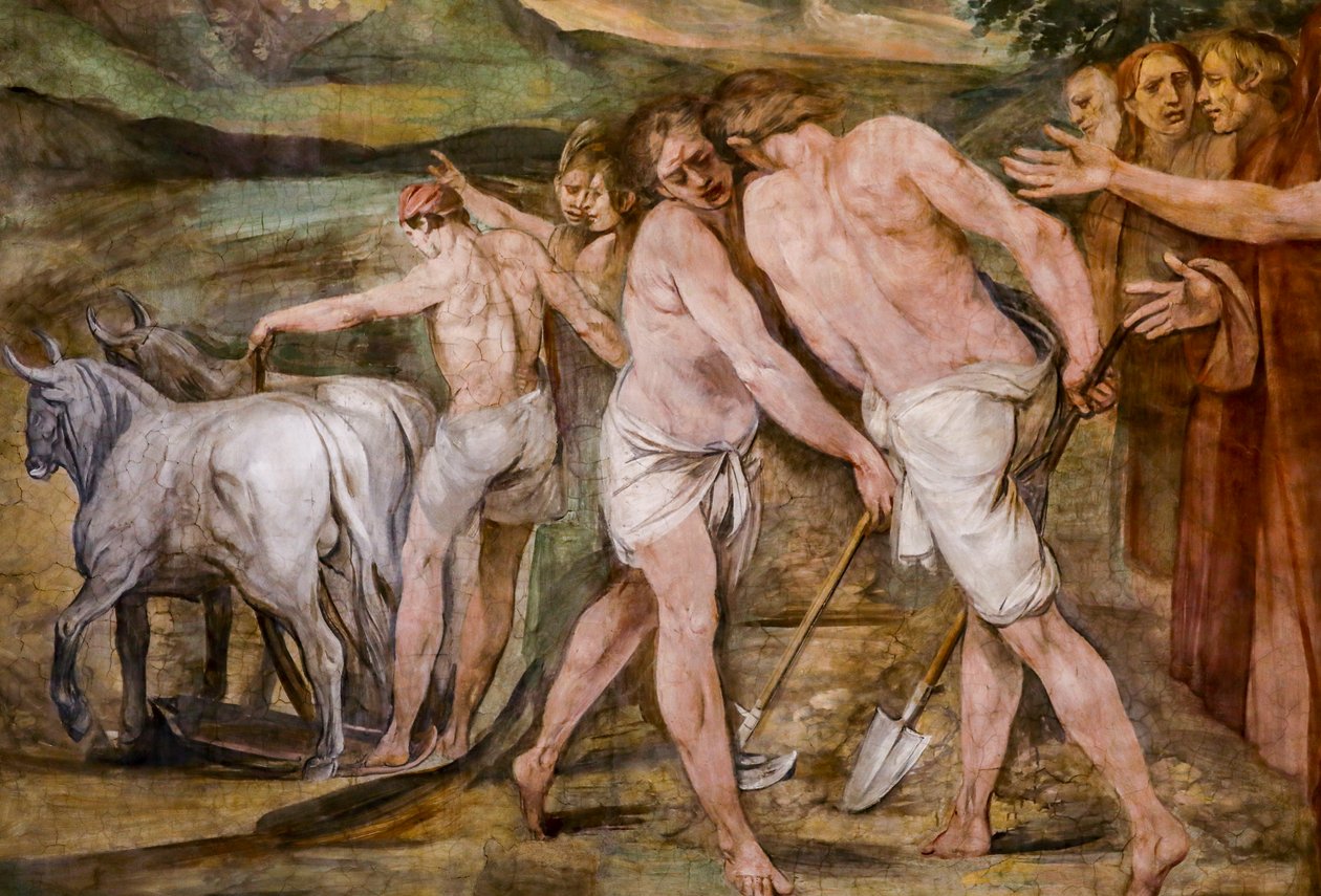 Romulus orka linię graniczną wokół przyszłego miasta Rzymu (szczegół) autorstwa Giuseppe Cesari