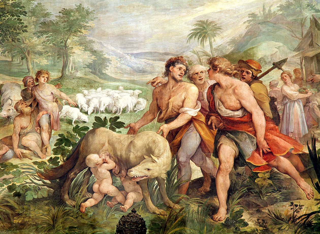 Romulus ssany przez wilczycę, z Sala dei Horatii e Curacii (fresk) autorstwa Giuseppe Cesari