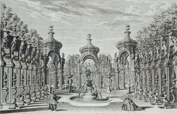 Projekt rozrywki w ogrodzie, z „Architectus Theatralis Primarius”, sztychowany przez Johanna Andreasa Pfeffela (1674-1748), opublikowany 1740 (rycina) autorstwa Giuseppe Bibiena