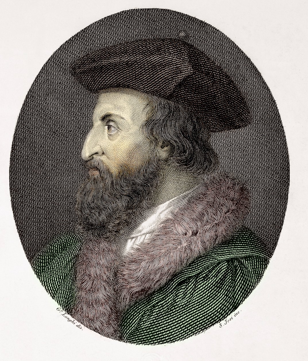 Portret włoskiego lekarza, poety i humanisty Girolamo Fracastoro (Hieronymus Fracastorius lub Jerome Fracastor) (1478/83-1553) Rycina Kolekcja prywatna autorstwa Giuseppe (after) Longhi