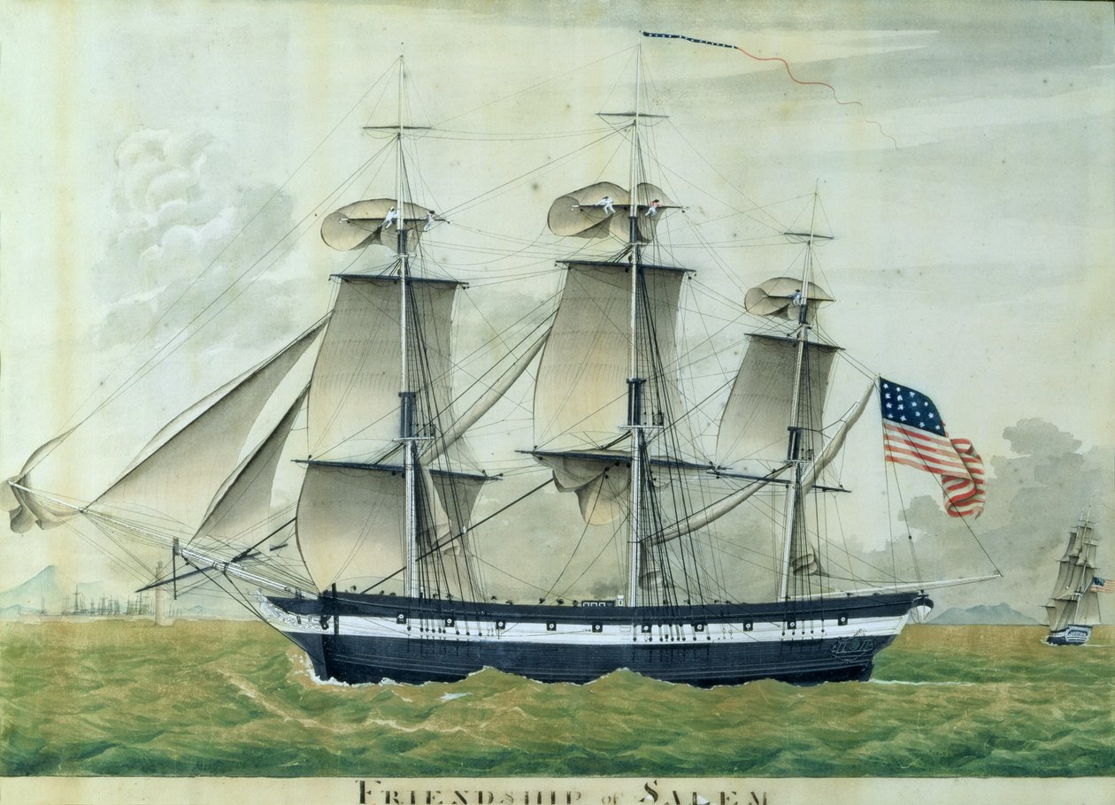 USS "Przyjaźń" z Salem (kolorowa litografia) autorstwa Giuseppe (attr. to) Fedi
