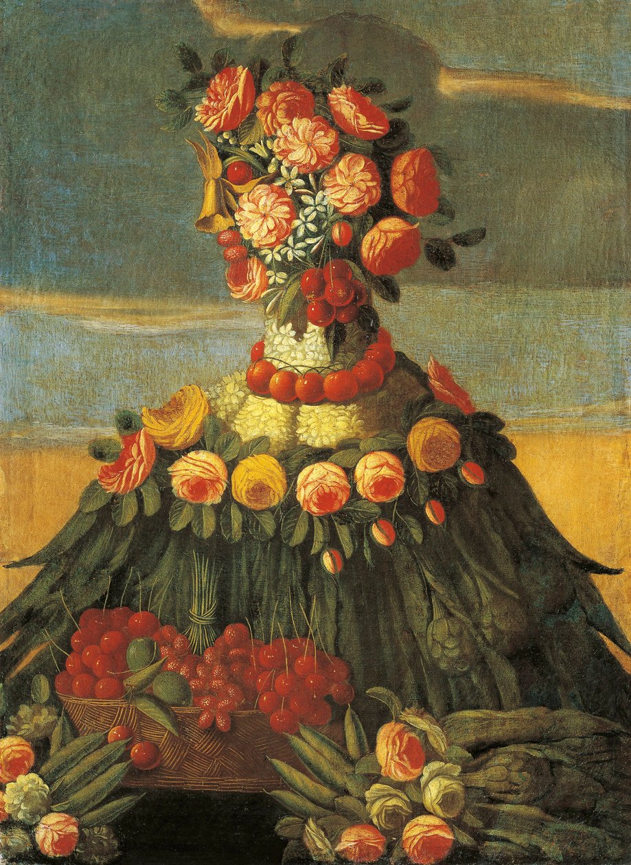 Włochy, Florencja, Wiosna, kosz wiśni z kwiatami autorstwa Giuseppe (follower of) Arcimboldo
