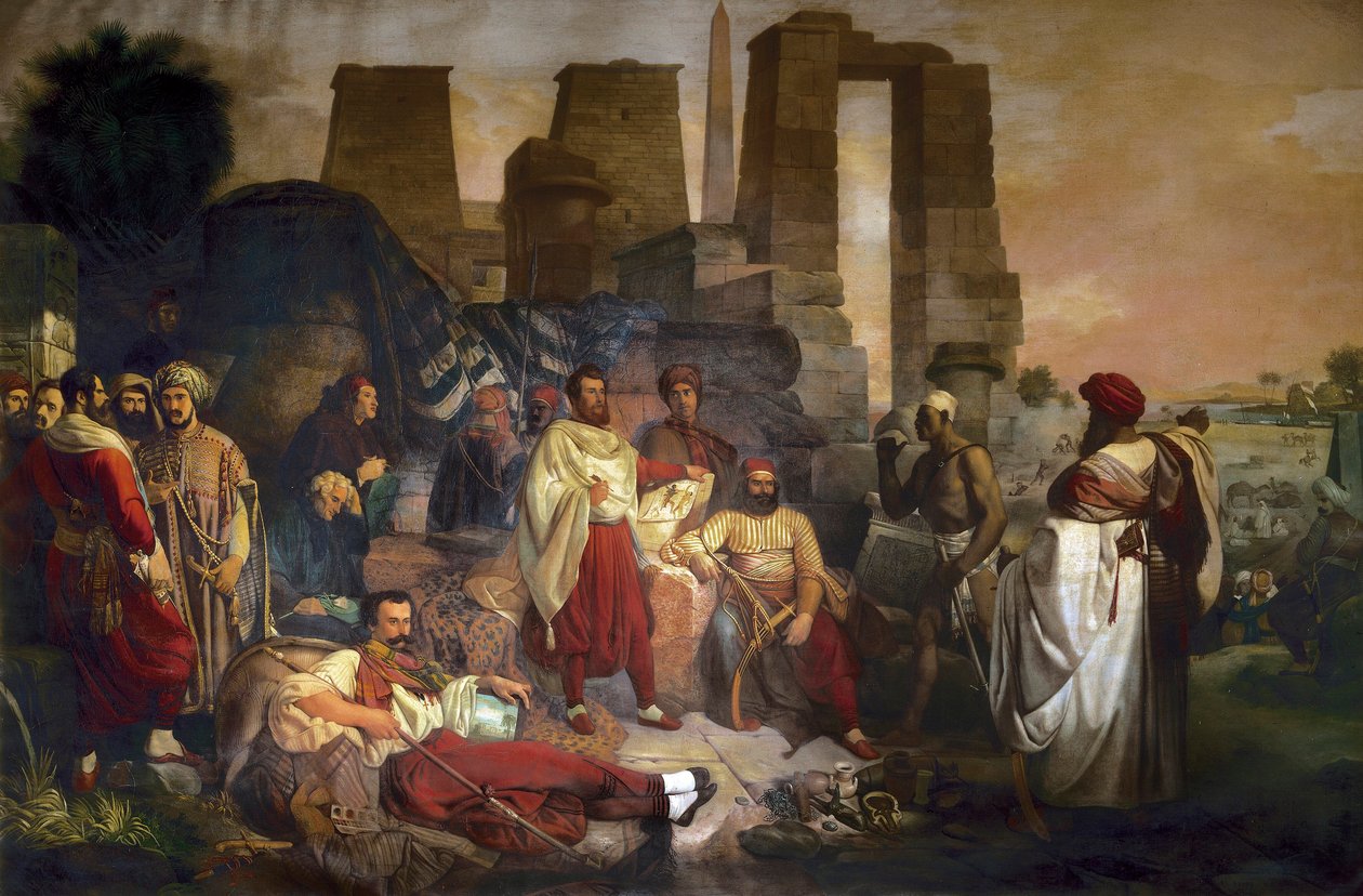 Egiptolog Jean Francois Champollion siedzący pośrodku, otoczony przez Ippolito Roselliniego i Gaetano Rosselliniego autorstwa Giuseppe Angelelli