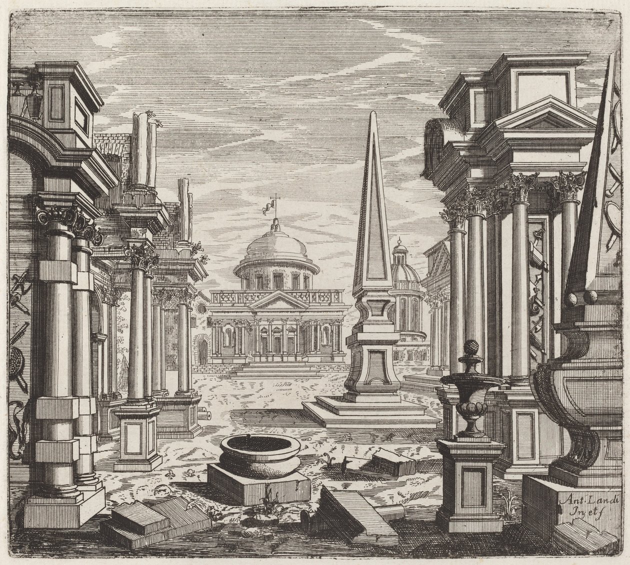 Fantazja architektoniczna z obeliskami, ruinami i Piazza autorstwa Giuseppe Antonio Landi