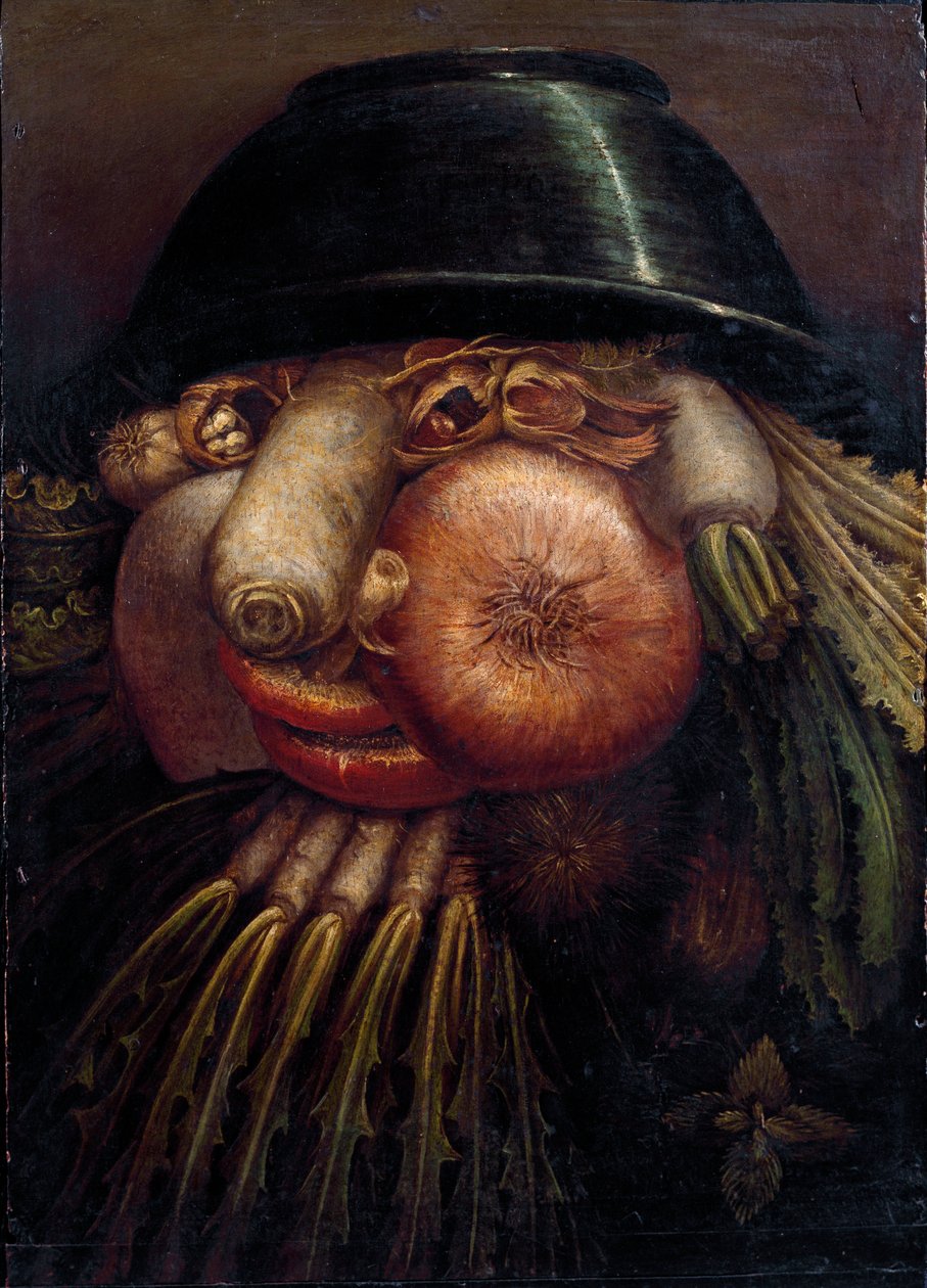 Portret z warzywami (Maraicher). Wśród warzyw i owoców reprezentowane są: orzechy, rzodkiewka, grzyby, czosnek, kasztan, cebula, sałata, orzech laskowy i rzepa. Obraz Giuseppe Arcimboldi (Arcimboldo) (1527-1593) Cremona, Pinacoteca Comunale autorstwa Giuseppe Arcimboldo