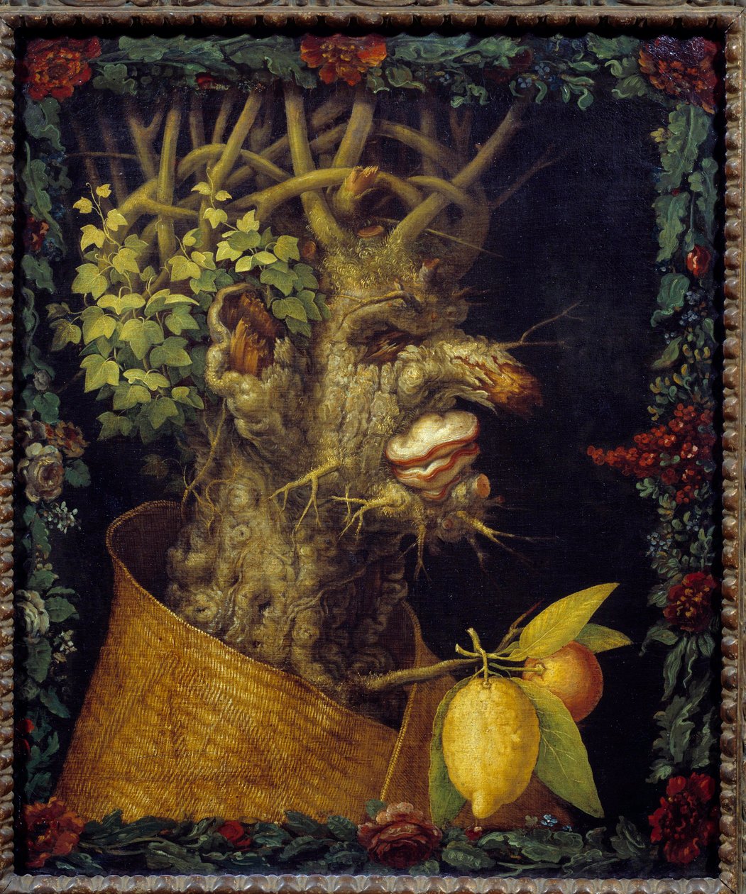 Zimowa Alegoria o porach roku. Obraz Giuseppe Arcimboldo (1527-1593) XVI w. Słońce. 0,76x0,63 m - Zima (z serii przedstawiającej cztery pory roku) - Obraz Giuseppe Arcimboldo (1527-1593), olej na płótnie (76x63 cm) autorstwa Giuseppe Arcimboldo