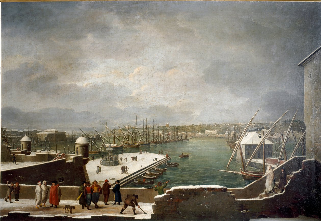 Widok na port w Genui pokryty śniegiem (olej na płótnie) autorstwa Giuseppe Bacigalupo