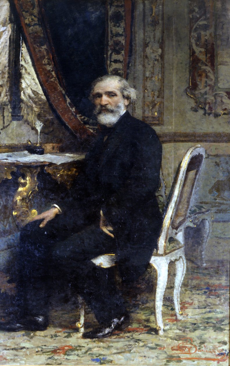Portret Giuseppe Verdiego, włoskiego kompozytora (1813-1901). Malarstwo Barbaglii. Grand Hotel i Mediolan autorstwa Giuseppe Barbaglia