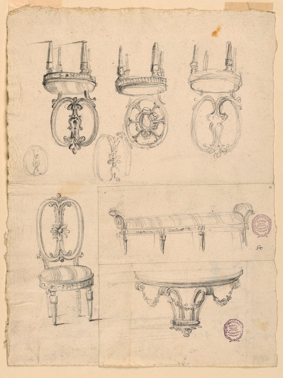 Krzesła i szkice architektoniczne autorstwa Giuseppe Barberi