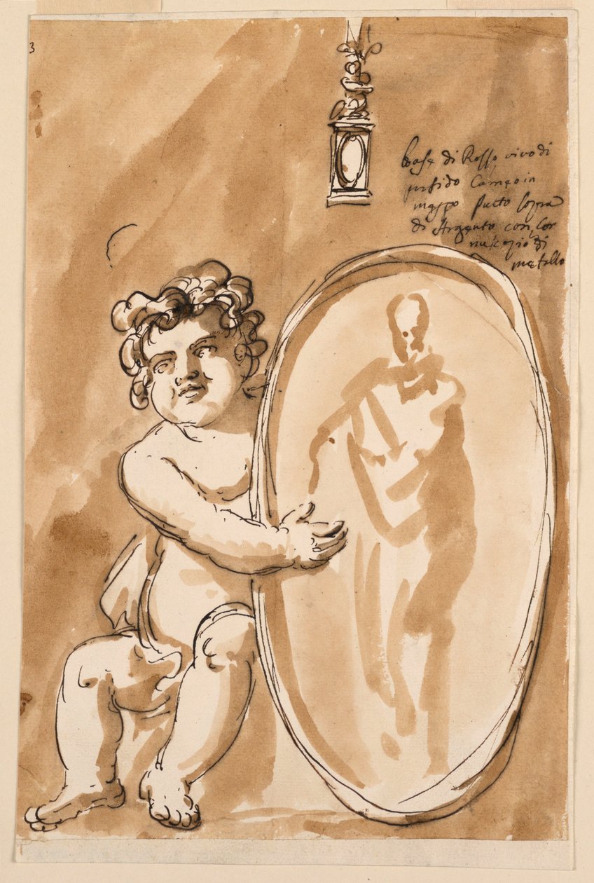 Siedzące Putto z medalionem autorstwa Giuseppe Barberi