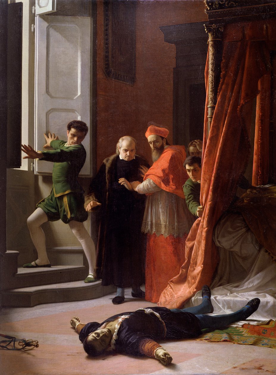 Śmierć księcia Florencji Alessandro de Medici zabitego przez Lorenzino de Medici (olej na płótnie) autorstwa Giuseppe Bellucci