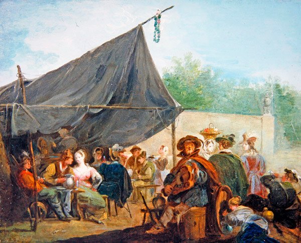 Scena obozowiska z pijącymi postaciami (olej na płótnie) autorstwa Giuseppe Bernardino Bison