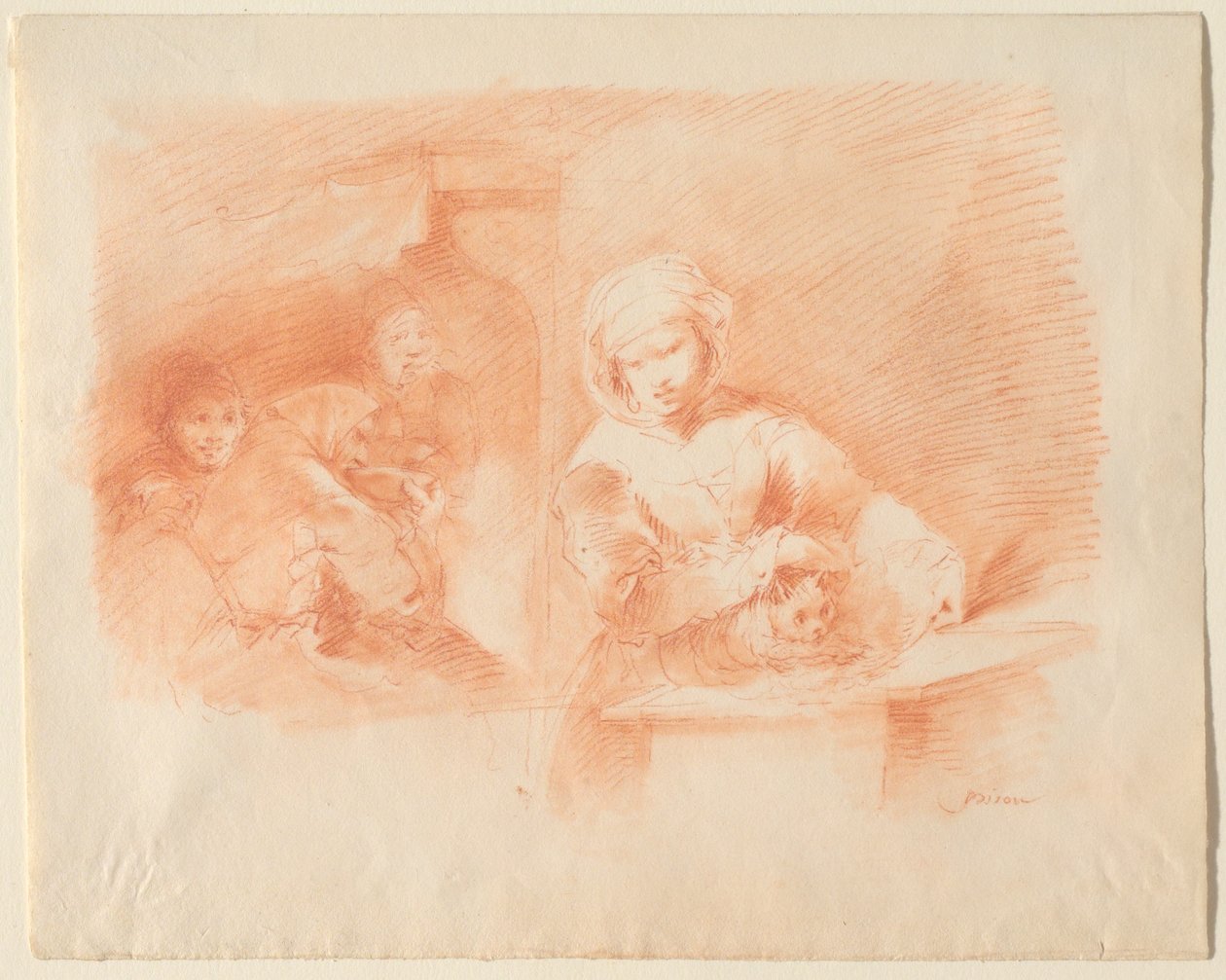Häusliche Szene mit Bauern und einer Katze autorstwa Giuseppe Bernardino Bison