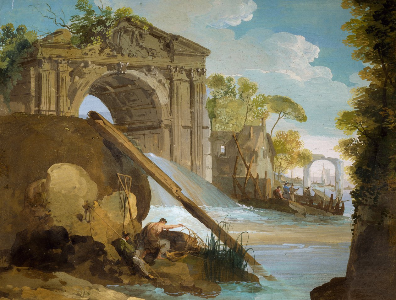 Wyimaginowany widok: rzeka z rybakami i ruinami, autorstwa Giuseppe Bernardino Bison (1762-1844) autorstwa Giuseppe Bernardino Bison
