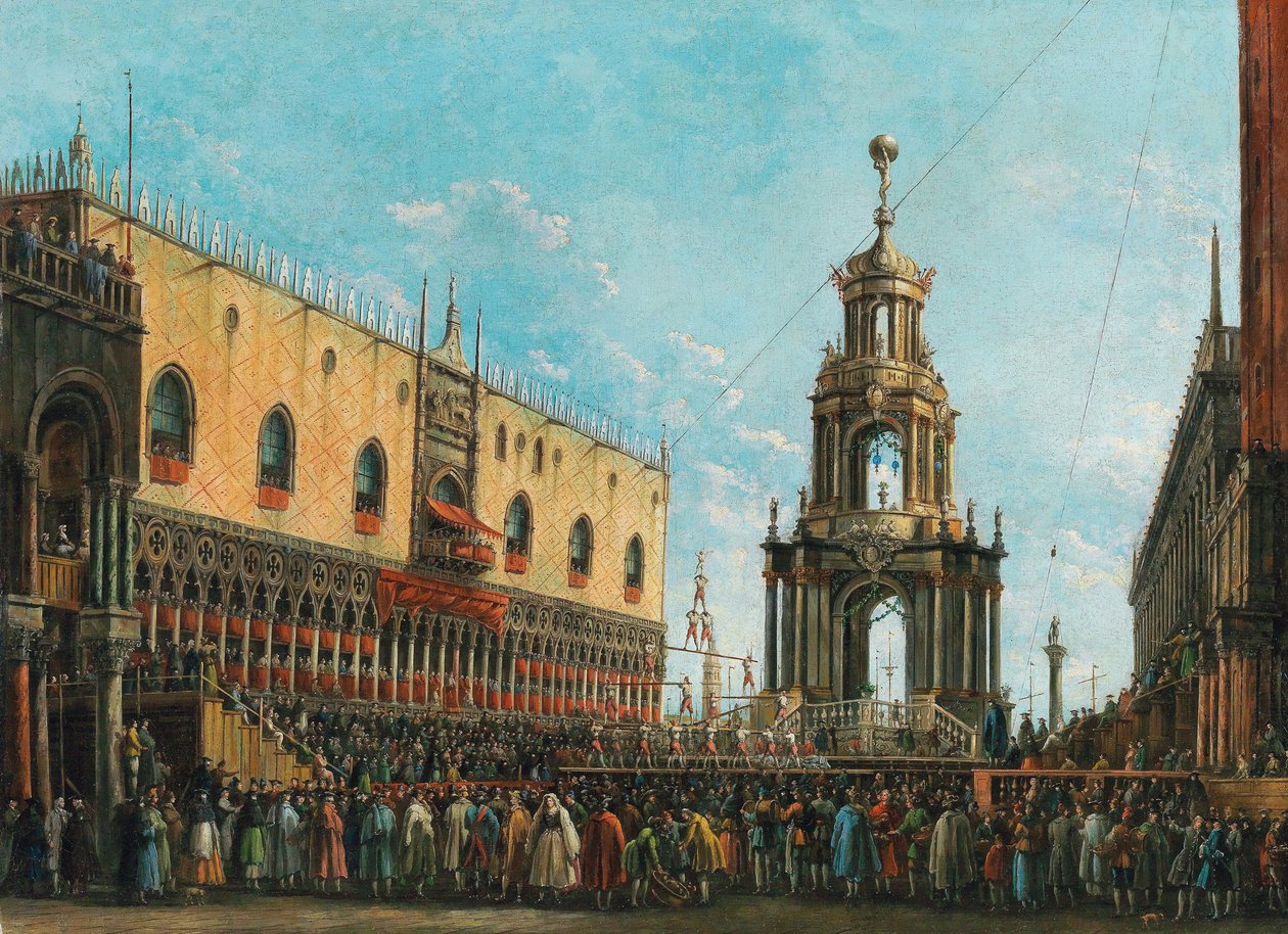 Festiwal Giovedì Grasso przed Pałacem Książęcym w Wenecji, lata 30. XIX wieku. autorstwa Giuseppe Bernardino Bison