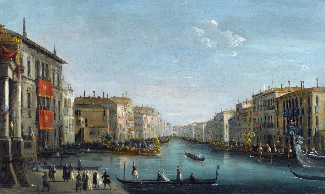 Widok na Canal Grande z Palazzo Balbi w kierunku mostu Rialto z regatami żubra Giuseppe Bernardino (1762-1844). olej na płótnie, format 48,9x81,9, autorstwa Giuseppe Bernardino Bison