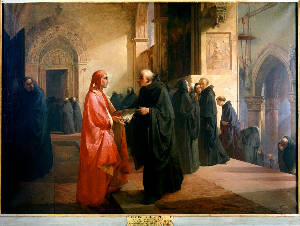 Dante Alighieri wręcza bratu Ilario notatnik zawierający część Boskiej Komedii autorstwa Giuseppe Bertini