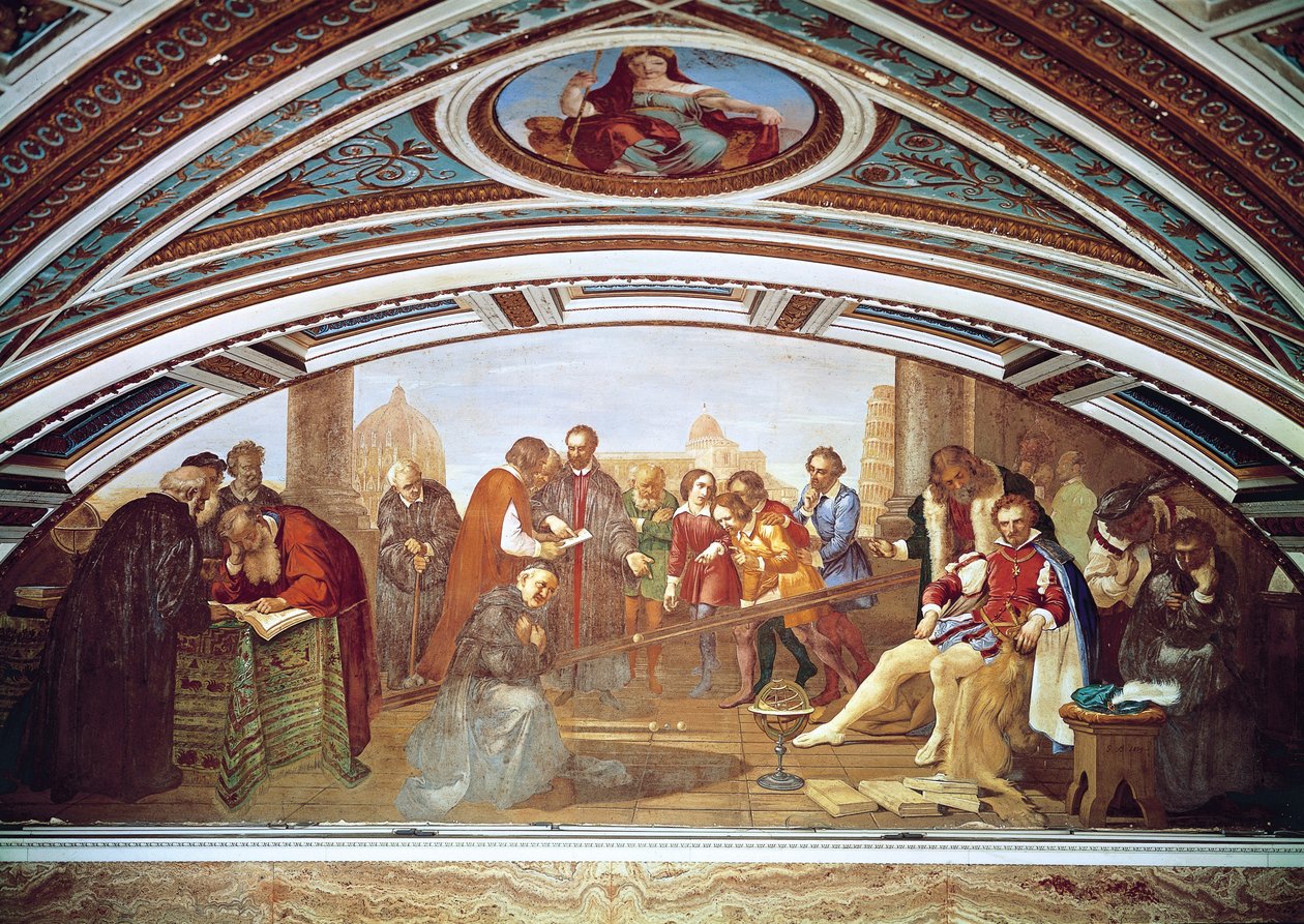 Galileo Galilei (1564-1642) demonstruje prawo grawitacji w obecności Giovanniego De 