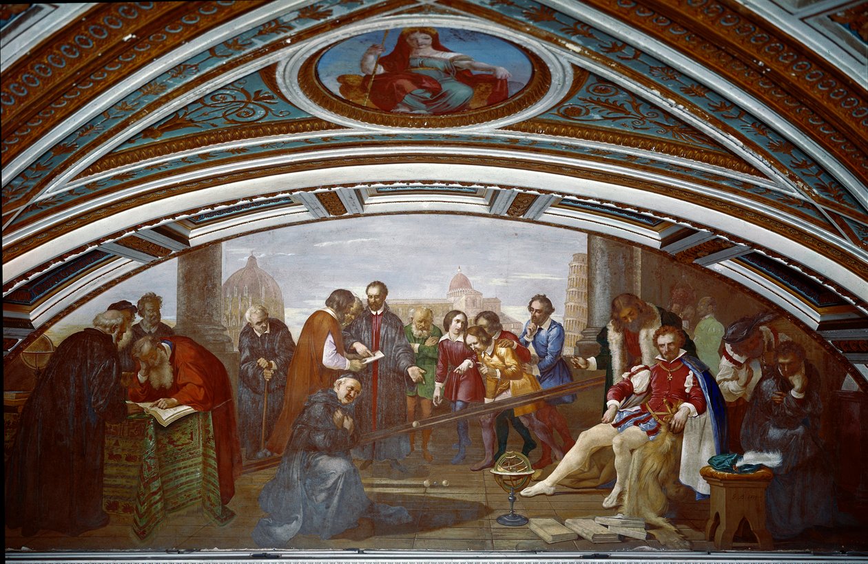 Galileo Galilei dit Galilee (1564-1642) demonstruje prawo dotyczące upadku i grawitacji. Galilea demonstruje doświadczenie z pochylonym planem podczas publicznego wykładu w Pizie. Obraz Giuseppe Bezzuoli (1784-1855) autorstwa Giuseppe Bezzuoli