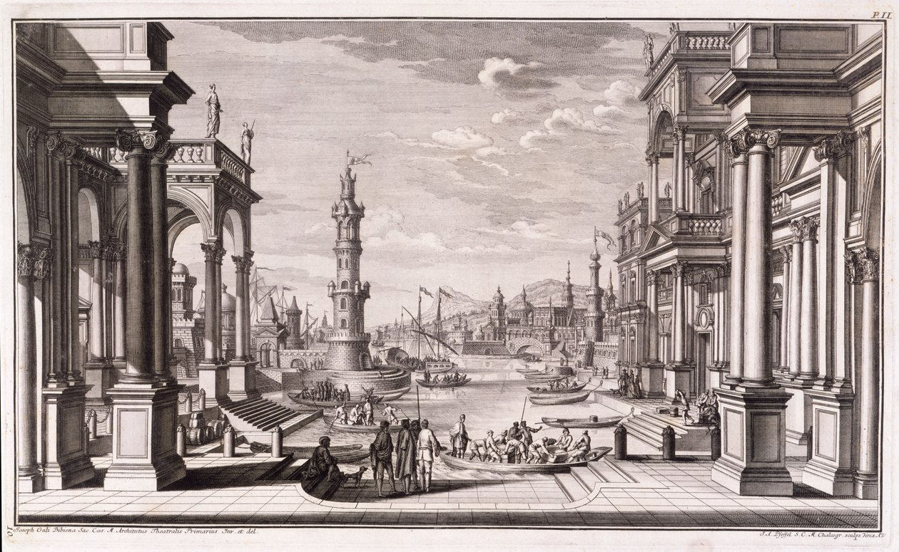 Mały port z kolumnami w stylu barokowym, z „Architectus Theatralis Primarius”, wydanego w 1740 r. autorstwa Giuseppe Bibiena
