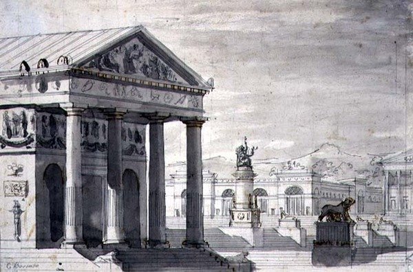 Neoklasyczny zestaw sceniczny, ok. 1825 (pióro i tusz oraz sepia na papierze) autorstwa Giuseppe Borsato