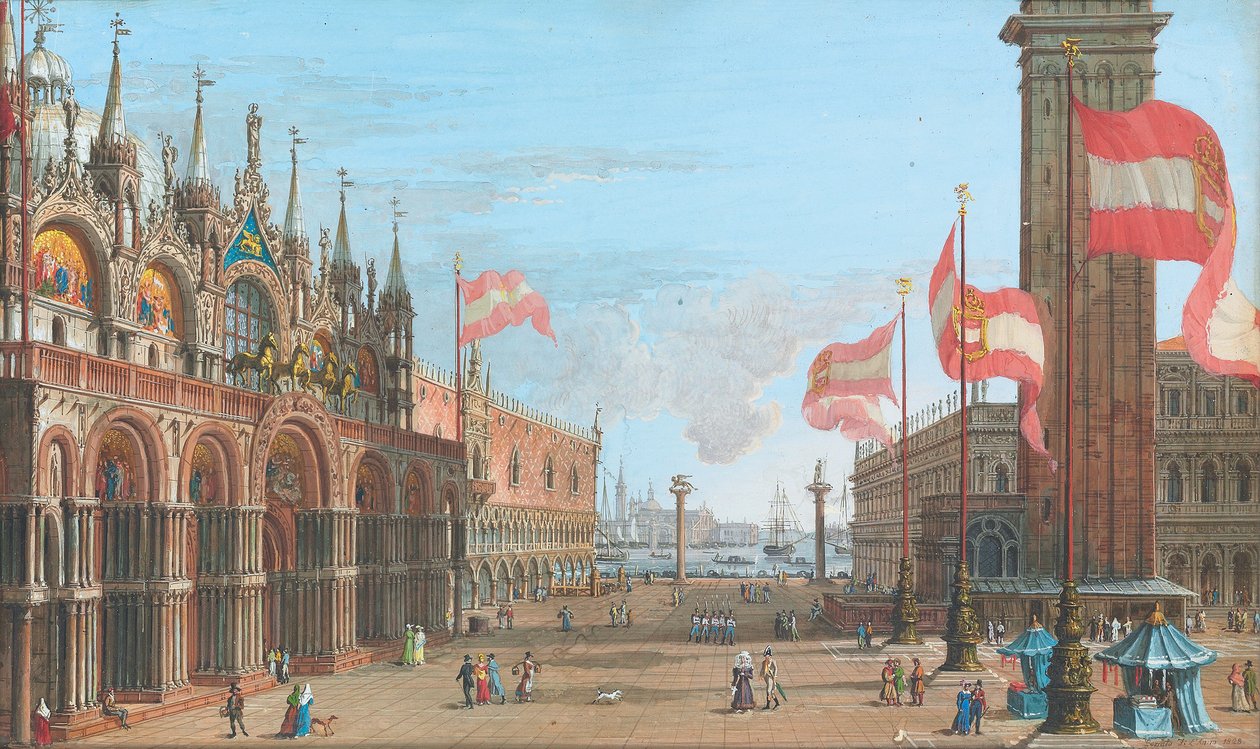 Widok na Plac św. Marka w Wenecji, z Pałacem Dożów i Dzwonnicą, 1828 r. autorstwa Giuseppe Borsato