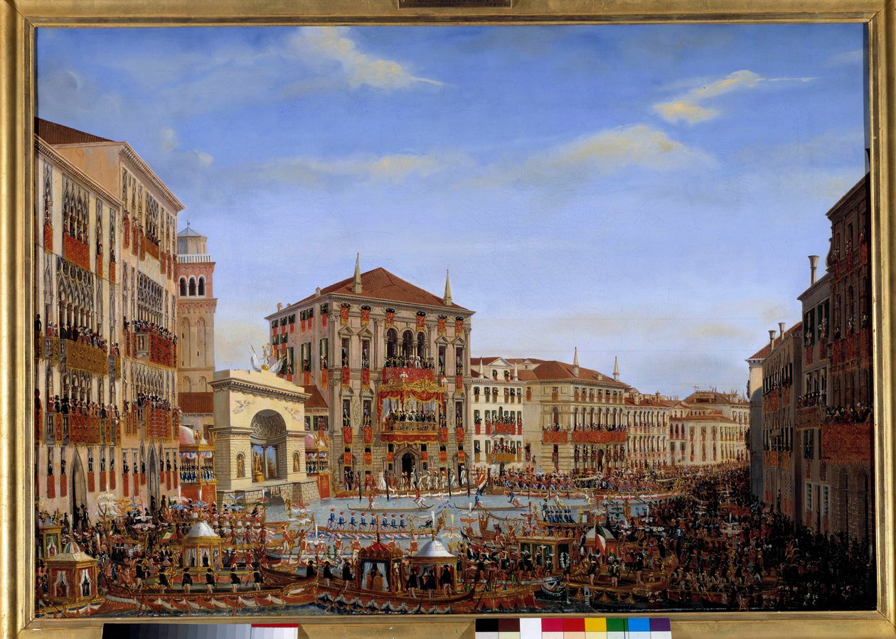 Wizyta Napoleona I w Wenecji od 28 listopada do 8 grudnia 1807: Cesarz, który przewodniczy regatom na Canale Grande z balkonu Pałacu Baldi, przybywa z wyścigu, 2 grudnia 1807 Obraz Giuseppe Borsato (1771-1849). 1807 niedz. 0,65 x autorstwa Giuseppe Borsato