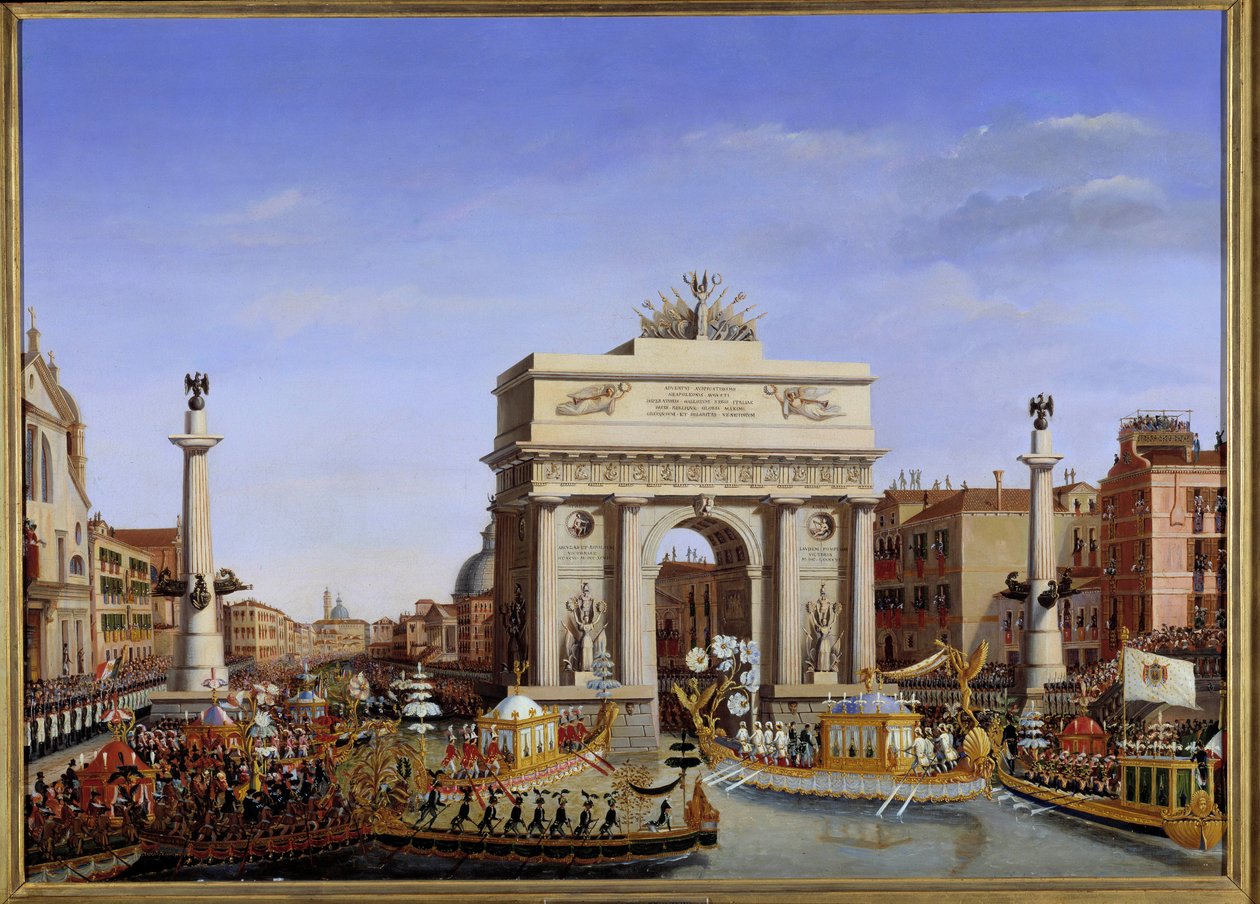 Wizyta Napoleona I w Wenecji od 28 listopada do 8 grudnia 1807 r.: wejście cesarza w gondoli na procesję gondolową Canal Grande. Obraz Giuseppe Borsato (1771-1849) XIX w. Słońce. 0,65x0,90m. - wizyta Napoleona w Wenecji od 28 listopada autorstwa Giuseppe Borsato