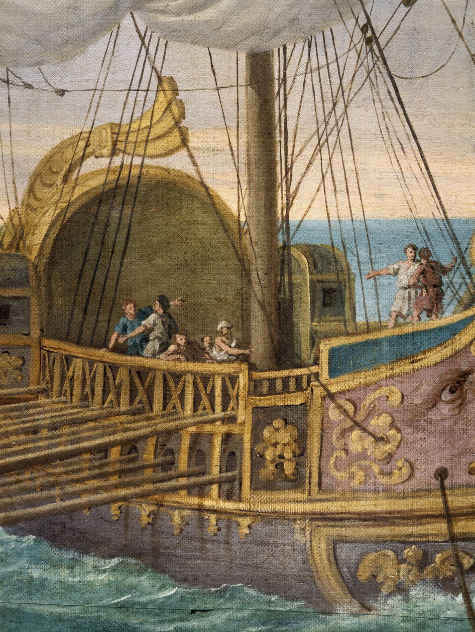 Święta Paula (Santa Paola Romana, 347-406) wyruszająca do Ziemi Świętej, szczegół łodzi. Owdowiała w wieku 33 lat, podążyła za świętym Hieronimem i wraz z córką Sainte Eustochium wyruszyła z nim w pielgrzymkę do Miejsc Świętych w 385 roku. Obraz namalowany autorstwa Giuseppe Bottani