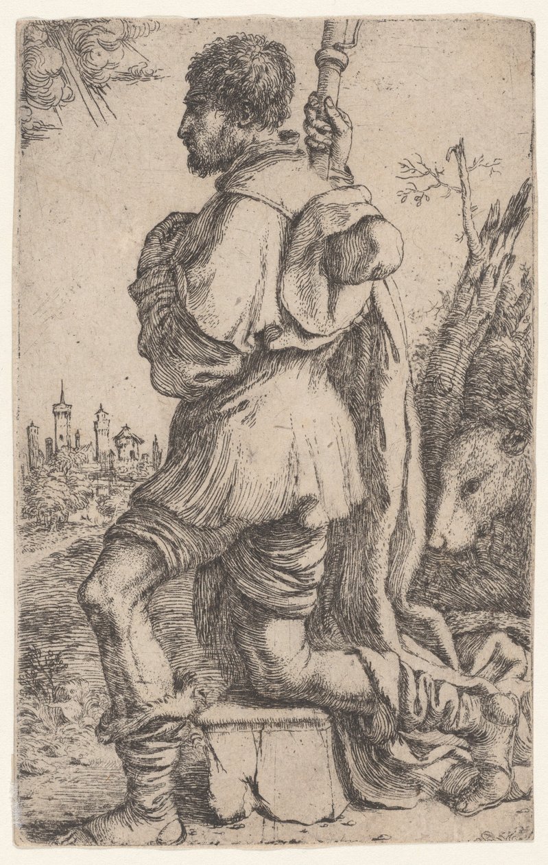 Św. Roch klęczący na kamieniu widziany z boku z psem za nim..., 1620-30. autorstwa Giuseppe Caletti