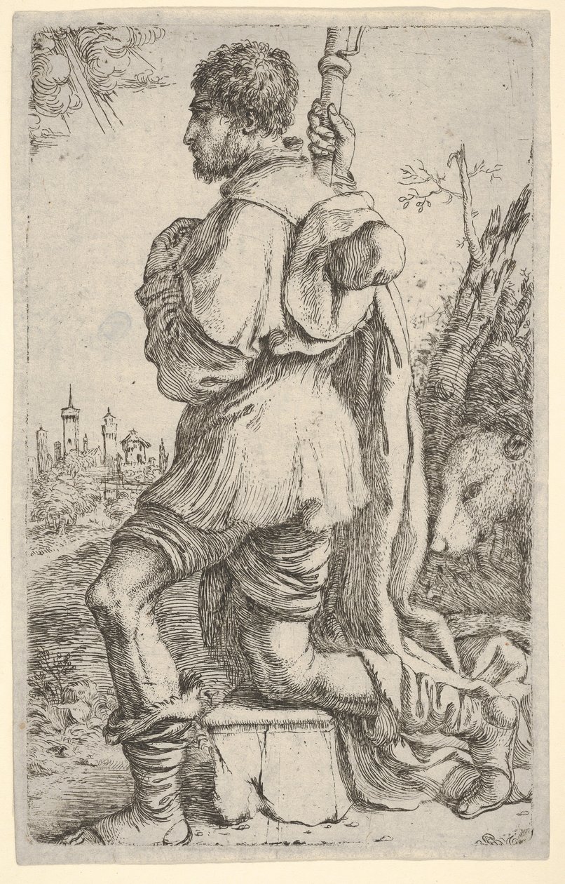 Św. Roch klęczący na kamieniu widziany z boku z psem za nim i miastami..., 1620-30. autorstwa Giuseppe Caletti