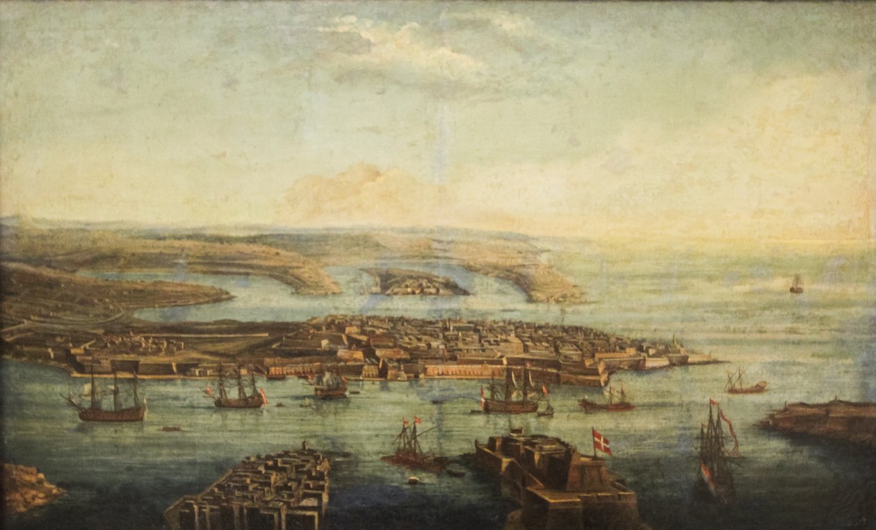 Widok na Grand Harbour, Marsamxett i Vallettę autorstwa Giuseppe Caloriti